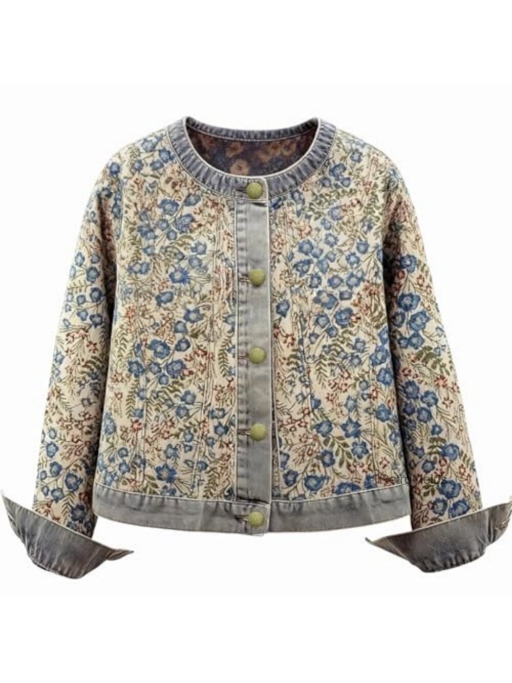 Denim Bomber Jacket Floral Jacquard Round Neck Long Sleeve Button Jean Coat